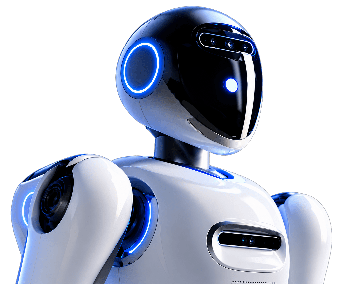 A white humanoid robot with a black visor and a glowing blue head ring, looking to the right