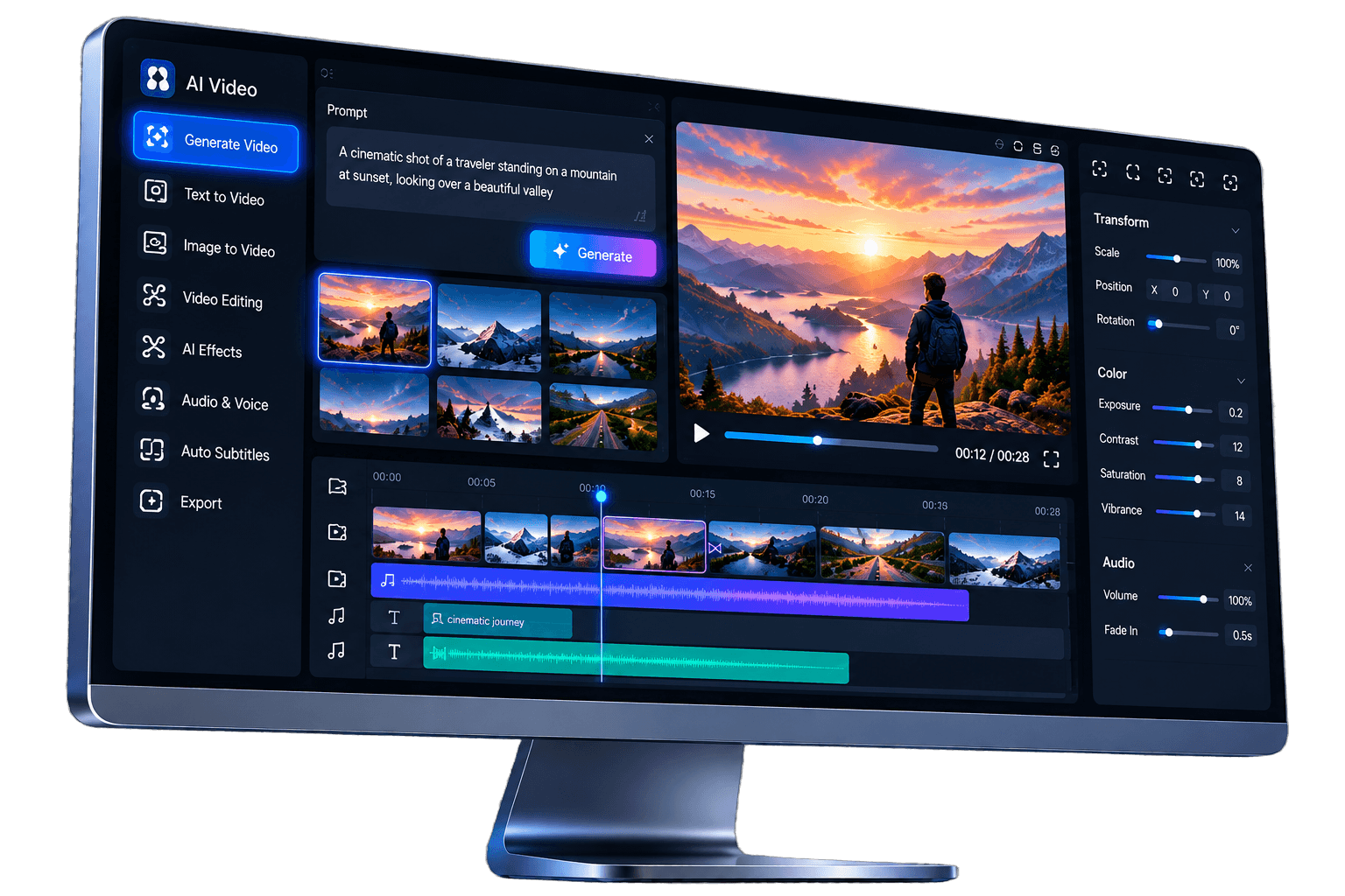 A desktop monitor showing an AI video editor with a prompt panel, generated thumbnails, a preview and a timeline