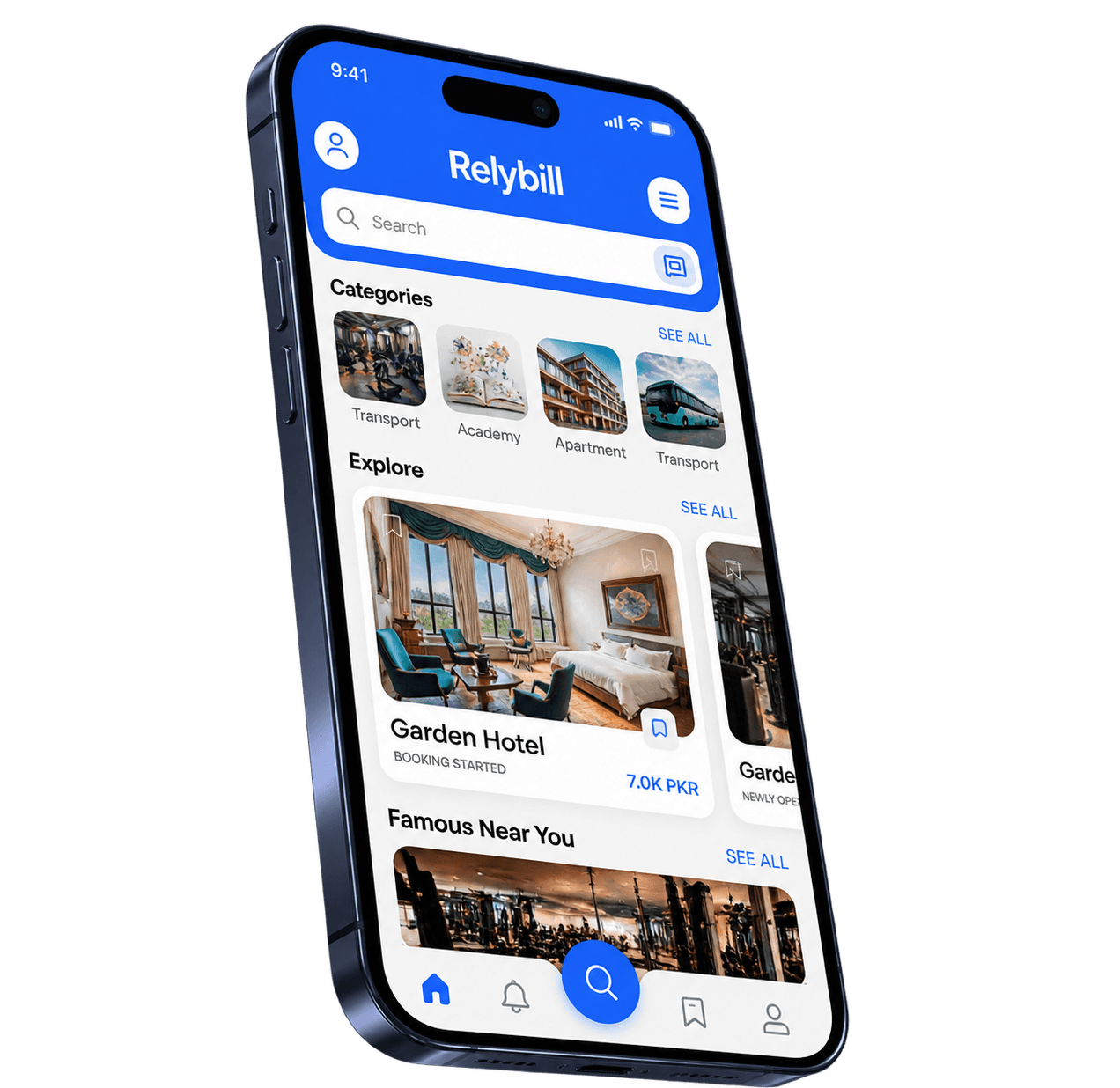 A smartphone showing the Relybill booking app with categories, hotel listings and a search bar