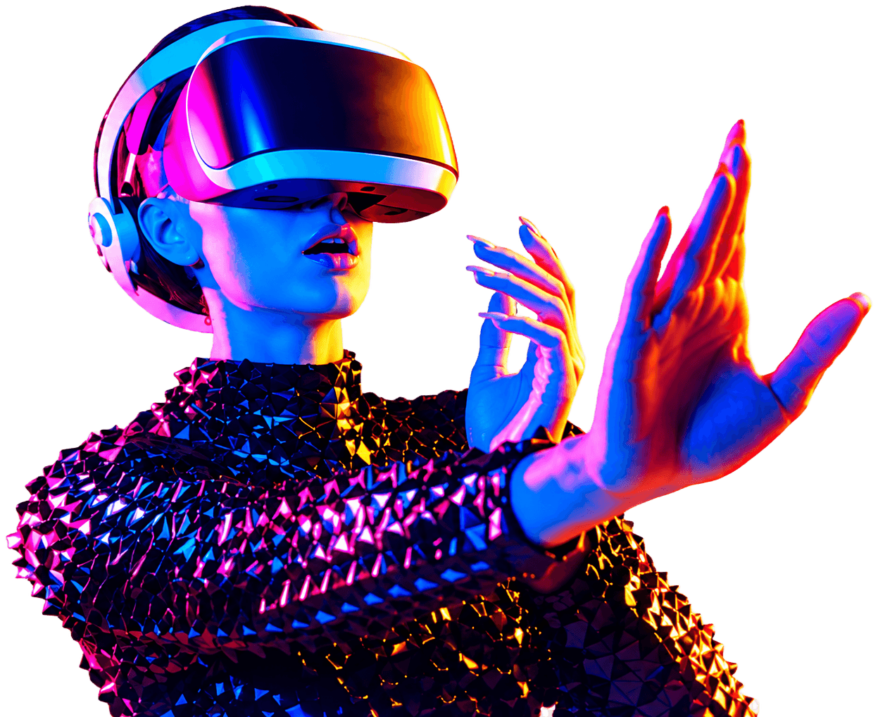 A woman in a VR headset and a faceted sequinned top, reaching out with both hands
