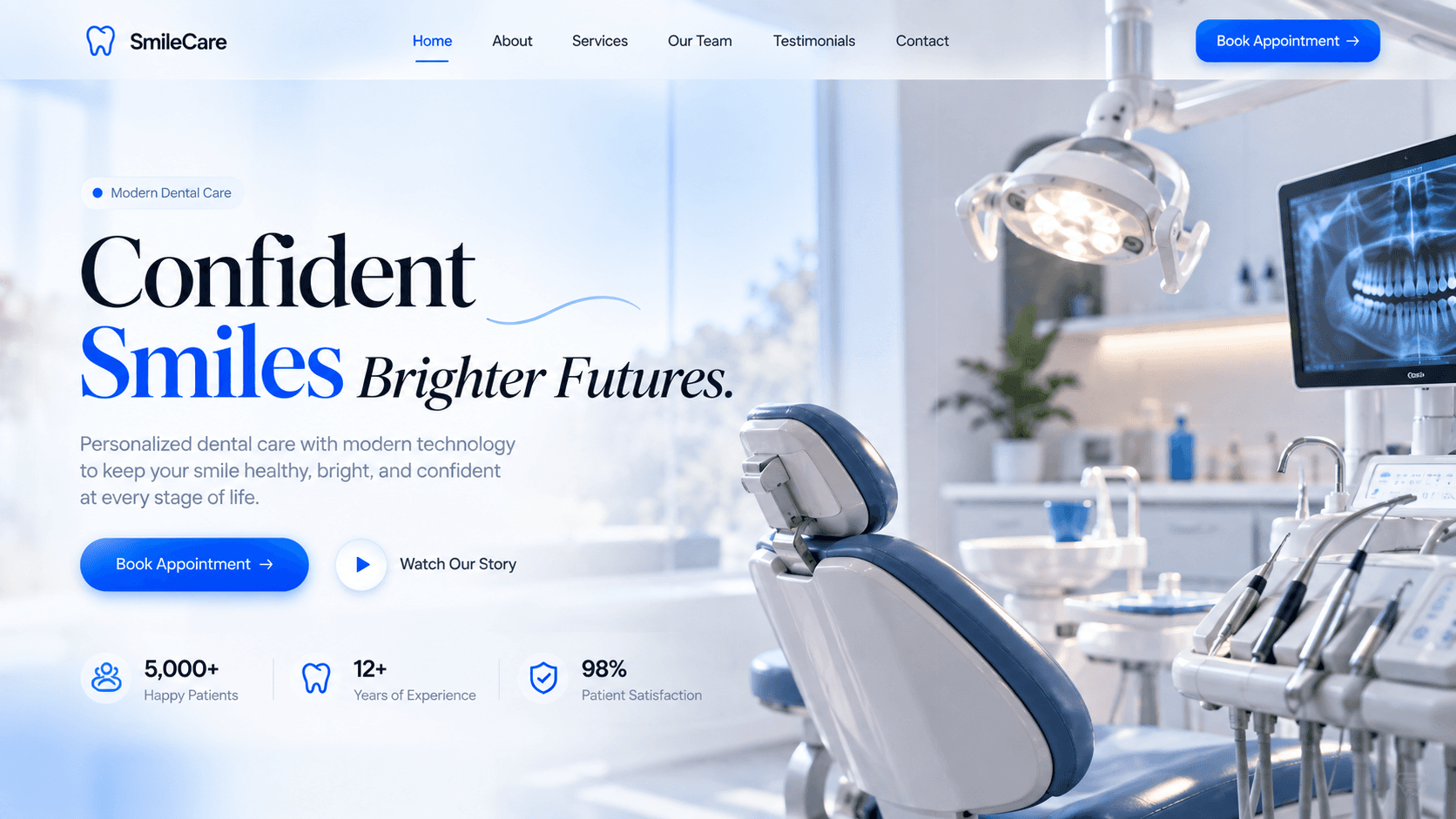 SmileCare website: a bright dental clinic homepage headlined “Confident Smiles, Brighter Futures.” with a Book Appointment button, patient stats and a modern treatment room