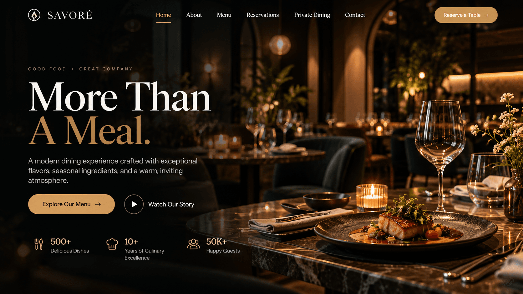 Savoré website: a candle-lit fine-dining homepage headlined “More Than A Meal.” with Explore Our Menu and Reserve a Table buttons over a plated dish and wine glasses
