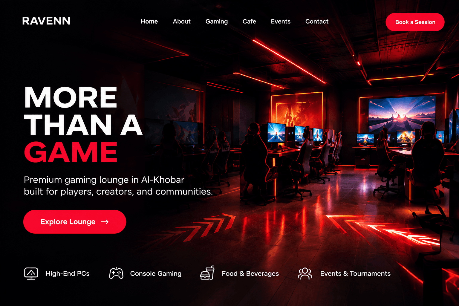 Ravenn website: a gaming lounge homepage headlined “More than a game” with a red Book a Session button over rows of gaming PCs in red neon light
