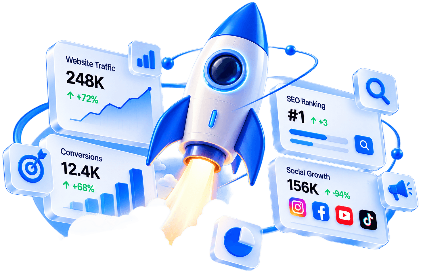 A white and blue rocket launching past glass analytics cards for website traffic, conversions, SEO ranking and social growth