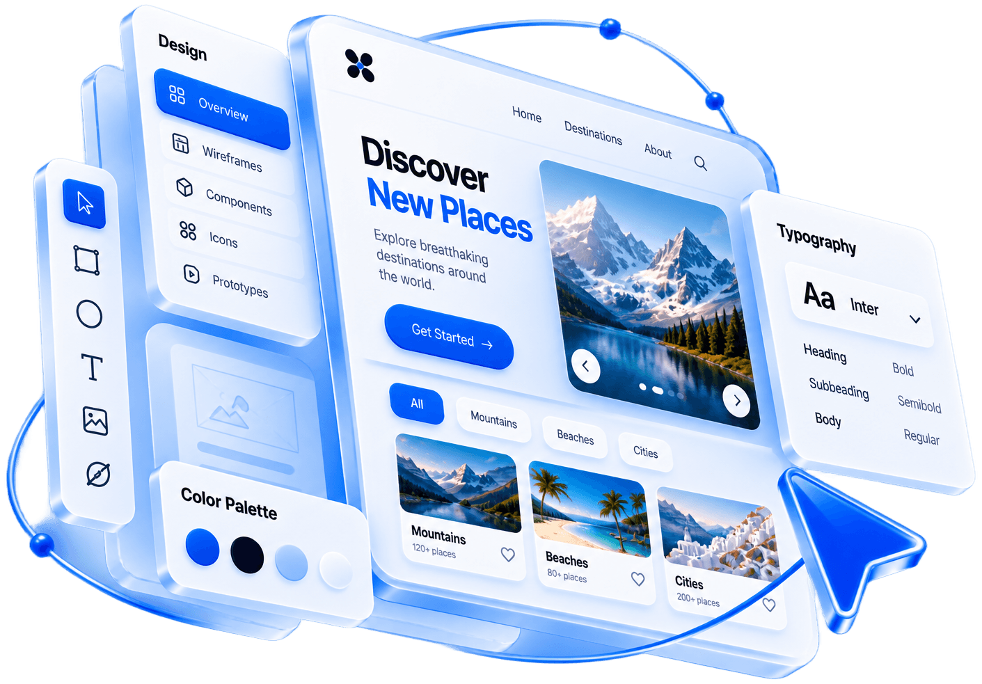 Floating glass design panels: a travel website mock-up, a tool bar, a component list, typography and colour palette cards, and a large cursor